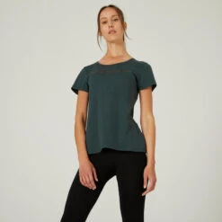 Camiseta Fitness 500 Mujer Verde Melaza Manga Corta Cuello Redondo Algodón