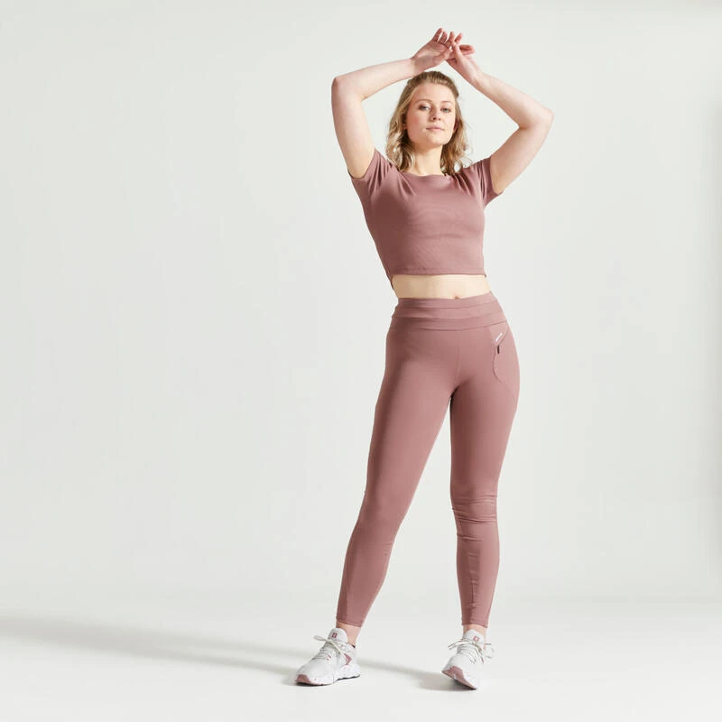 Camiseta Fitness Crop Top Manga Corta Mujer Domyos Marrón - Imagen 2