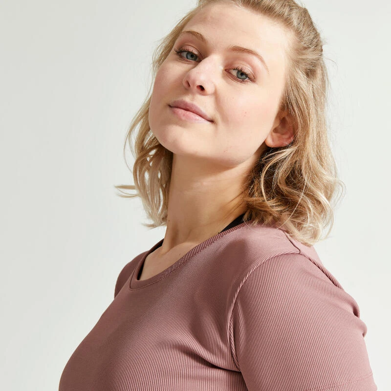 Camiseta Fitness Crop Top Manga Corta Mujer Domyos Marrón - Imagen 4