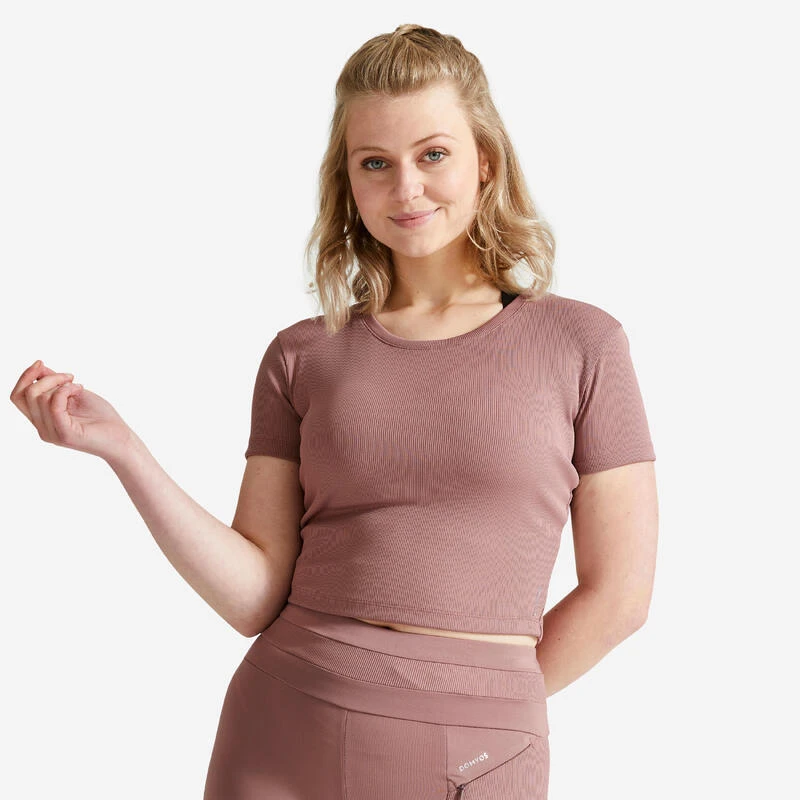 Camiseta Fitness Crop Top Manga Corta Mujer Domyos Marrón