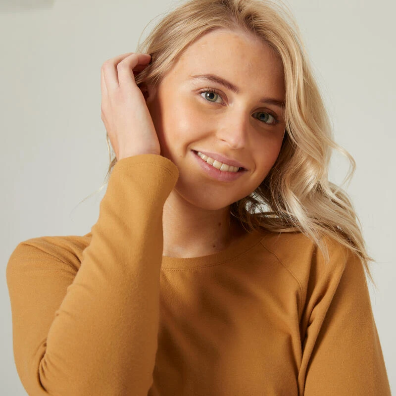 Camiseta Fitness Manga Larga Recta Algodón Mujer Domyos 500 Avellana - Imagen 4