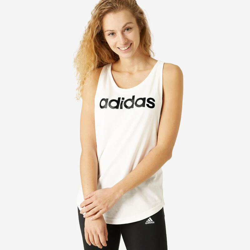 Camiseta Fitness Sin Mangas 100% Algodón Mujer Adidas Linear Blanco