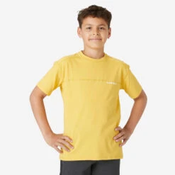 Camiseta Gimnasia Manga Corta Algodón Transpirable Niños Domyos 500 Amarillo