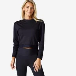 Sudadera Fitness Cropped Mujer Domyos Negro